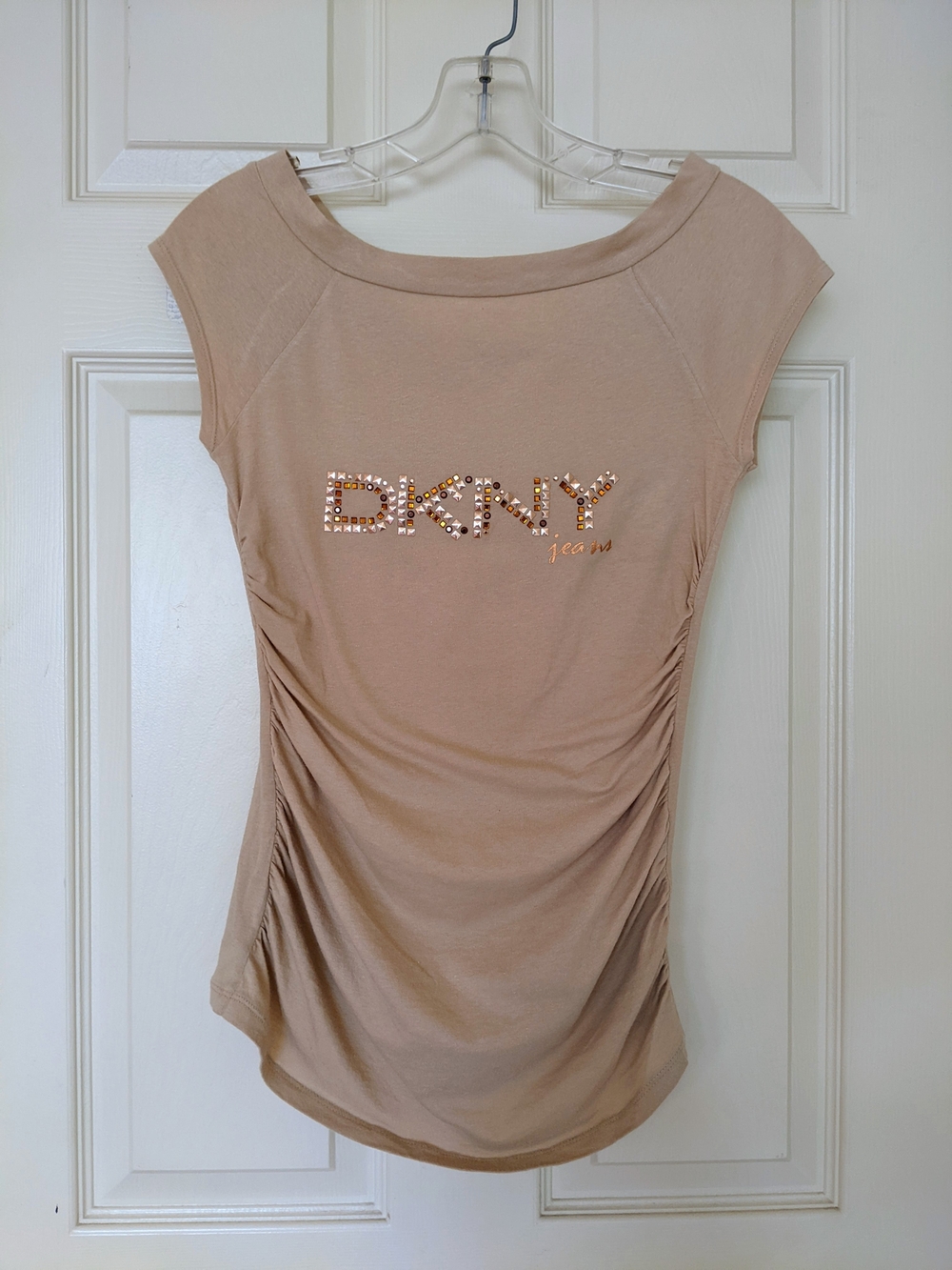 DKNY Beige Stretchable Ruched Cap-Sleeve With Copper Heat Transfer Studs Logo.